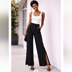 Alberto Makali Black & White Striped Wide Leg Pants with Side Slits | Size 8